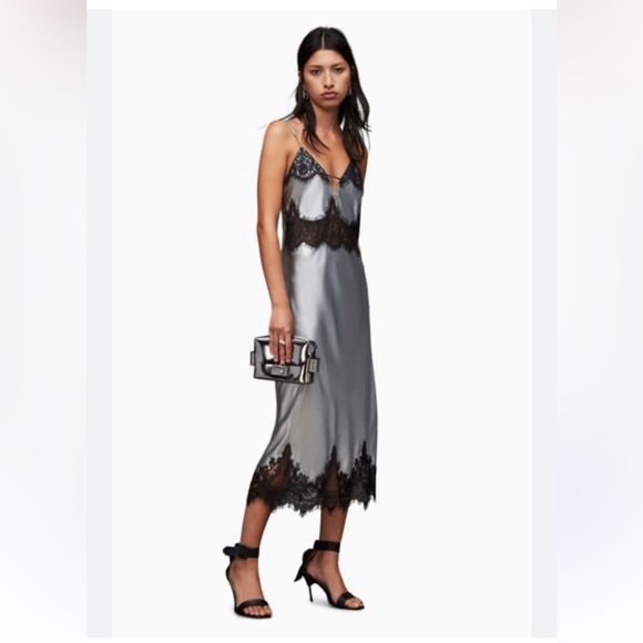 ALLSAINTS Ophelia Metallic Lace Trim Maxi Slip Dress Silver Black size 6 - Picture 7 of 8
